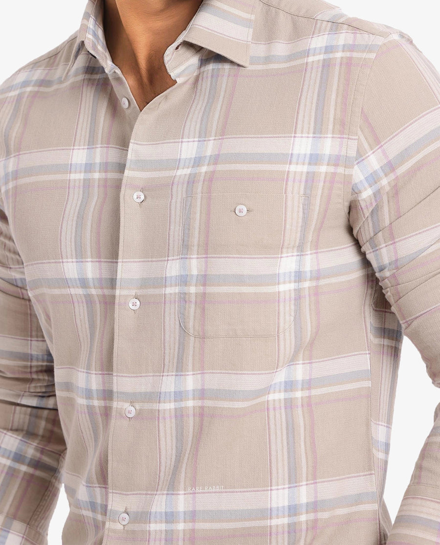 Rare Rabbit Men's Davi Beige Cotton Checked Print Regular Fit Full Sleeve Collared Shirt