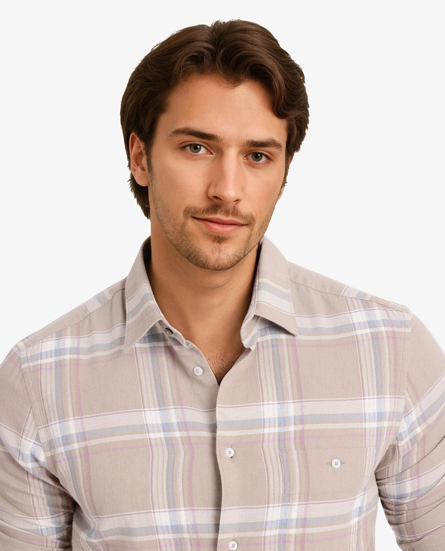 Rare Rabbit Men's Davi Beige Cotton Checked Print Regular Fit Full Sleeve Collared Shirt