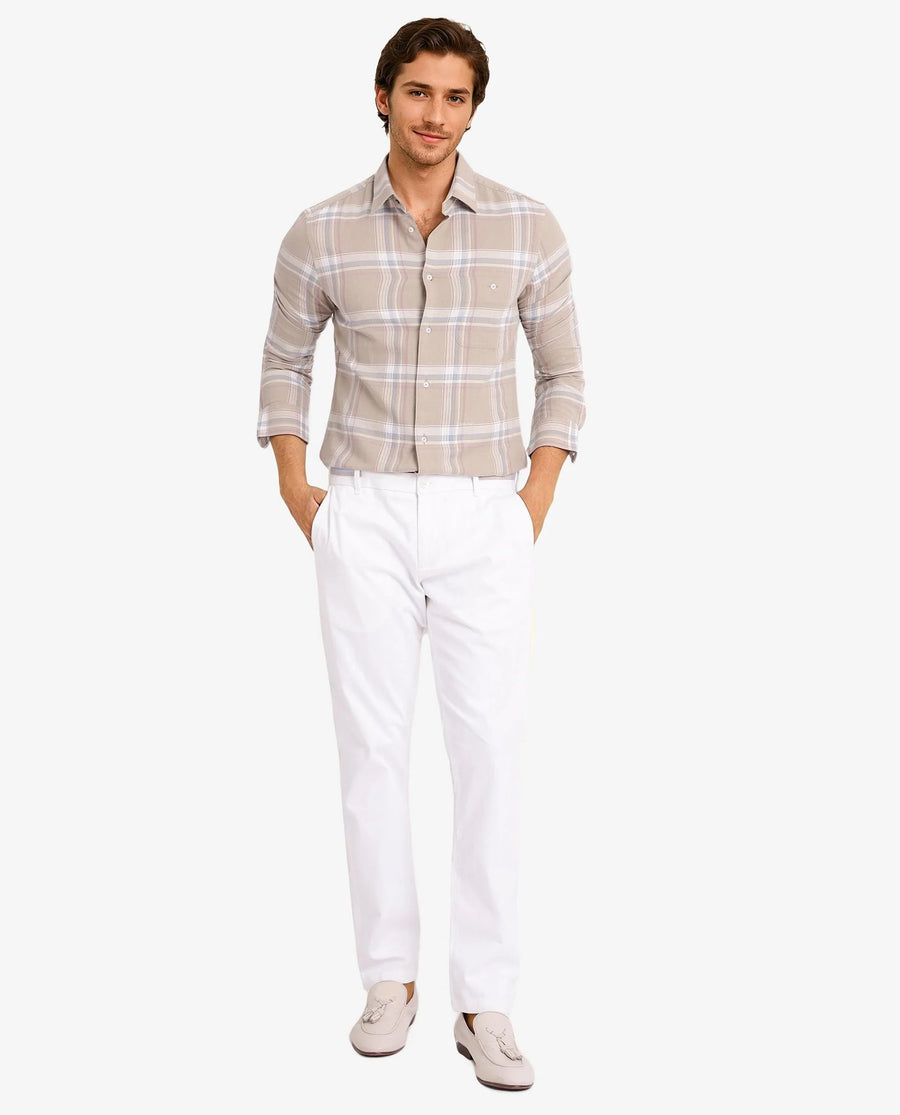Rare Rabbit Men's Davi Beige Cotton Checked Print Regular Fit Full Sleeve Collared Shirt