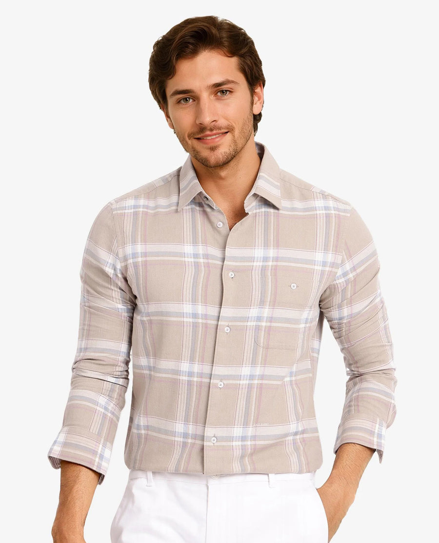 Rare Rabbit Men's Davi Beige Cotton Checked Print Regular Fit Full Sleeve Collared Shirt