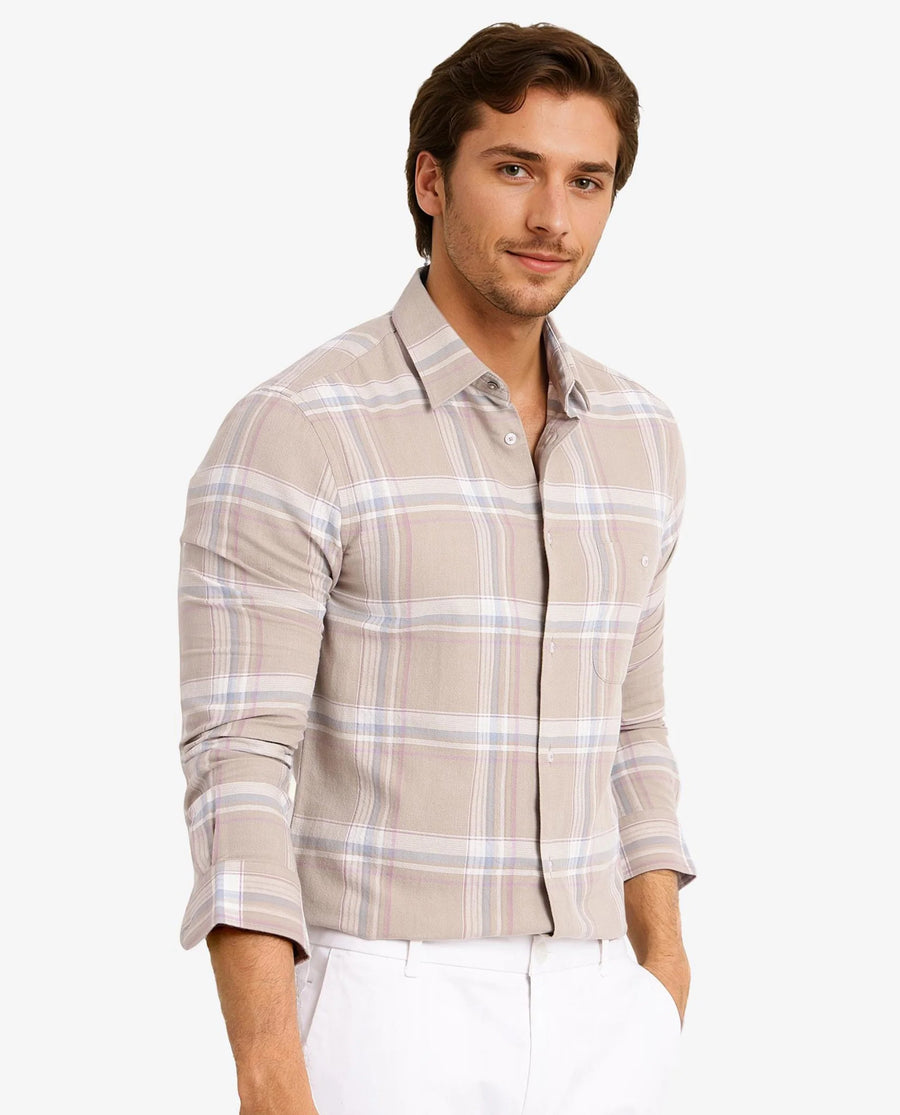 Rare Rabbit Men's Davi Beige Cotton Checked Print Regular Fit Full Sleeve Collared Shirt