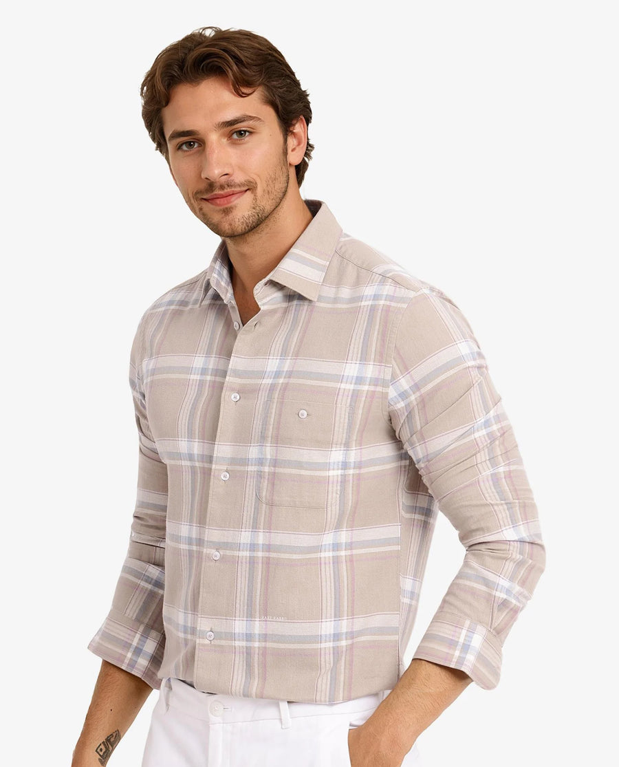 Rare Rabbit Men's Davi Beige Cotton Checked Print Regular Fit Full Sleeve Collared Shirt