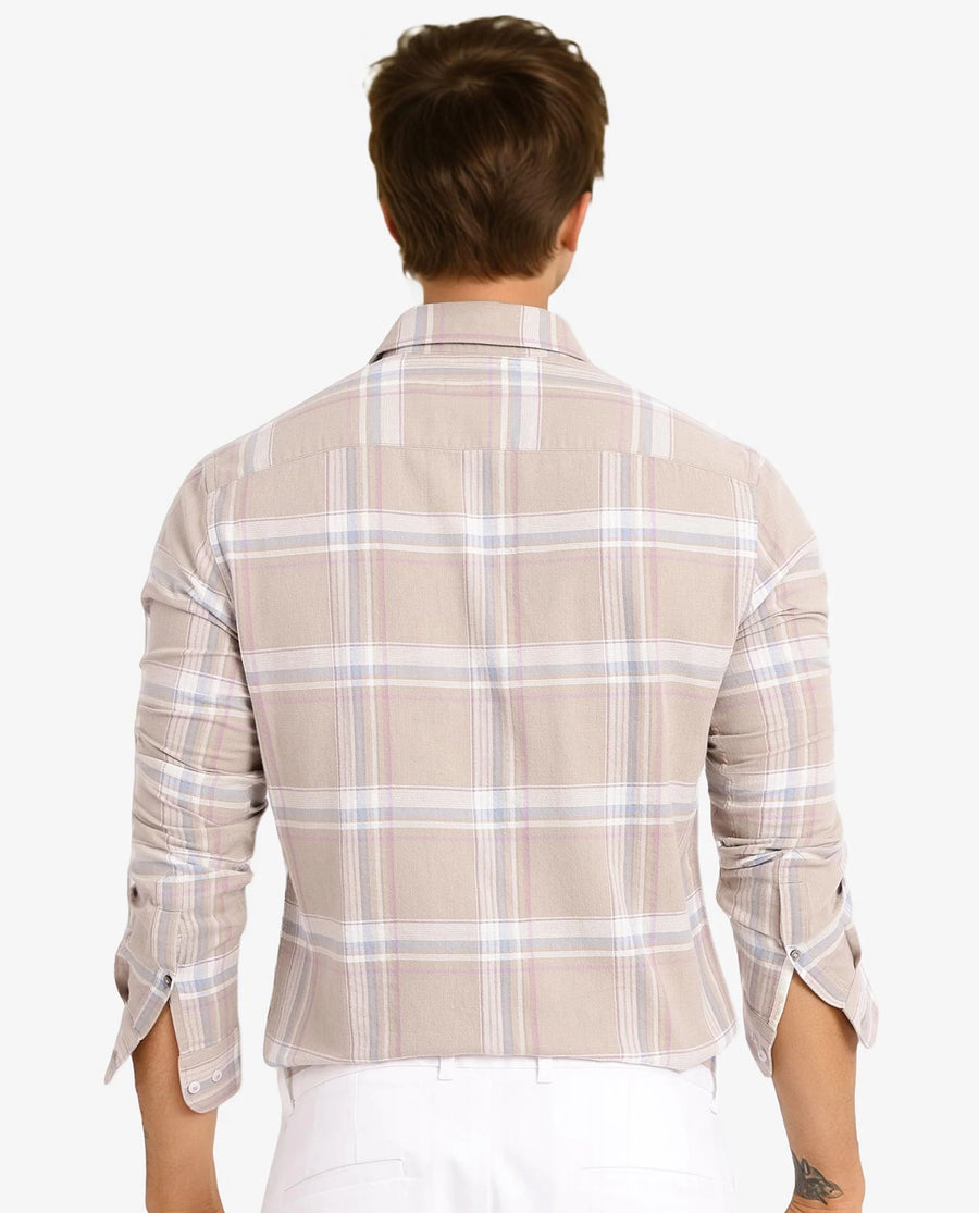 Rare Rabbit Men's Davi Beige Cotton Checked Print Regular Fit Full Sleeve Collared Shirt
