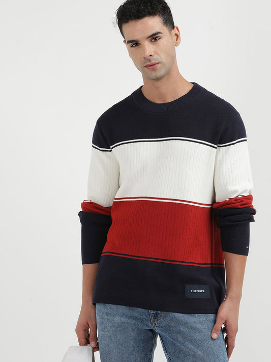 Tommy Hilfiger Colourblocked Round Neck Organic Cotton Pullover Sweater
