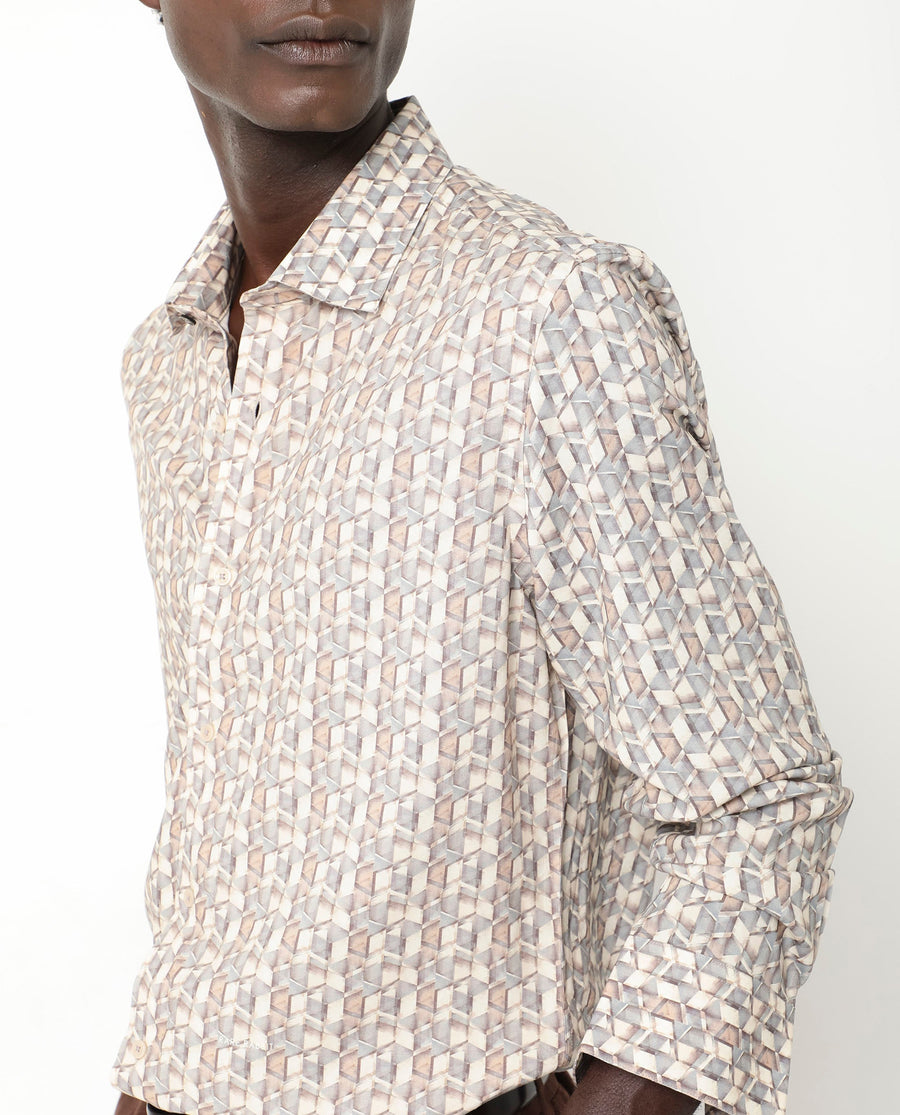 Rare Rabbit Men's Denberg Ls Beige Viscose Geometric Print Regular Fit Full Sleeve Collared Shirt