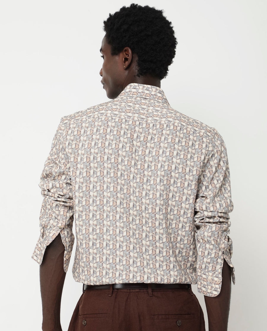 Rare Rabbit Men's Denberg Ls Beige Viscose Geometric Print Regular Fit Full Sleeve Collared Shirt