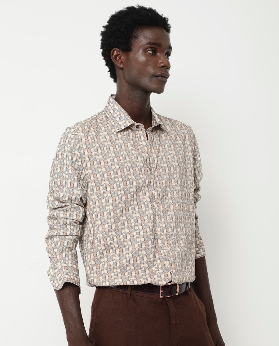 Rare Rabbit Men's Denberg Ls Beige Viscose Geometric Print Regular Fit Full Sleeve Collared Shirt
