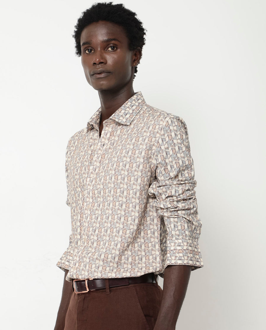 Rare Rabbit Men's Denberg Ls Beige Viscose Geometric Print Regular Fit Full Sleeve Collared Shirt