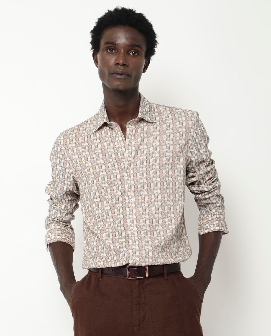 Rare Rabbit Men's Denberg Ls Beige Viscose Geometric Print Regular Fit Full Sleeve Collared Shirt