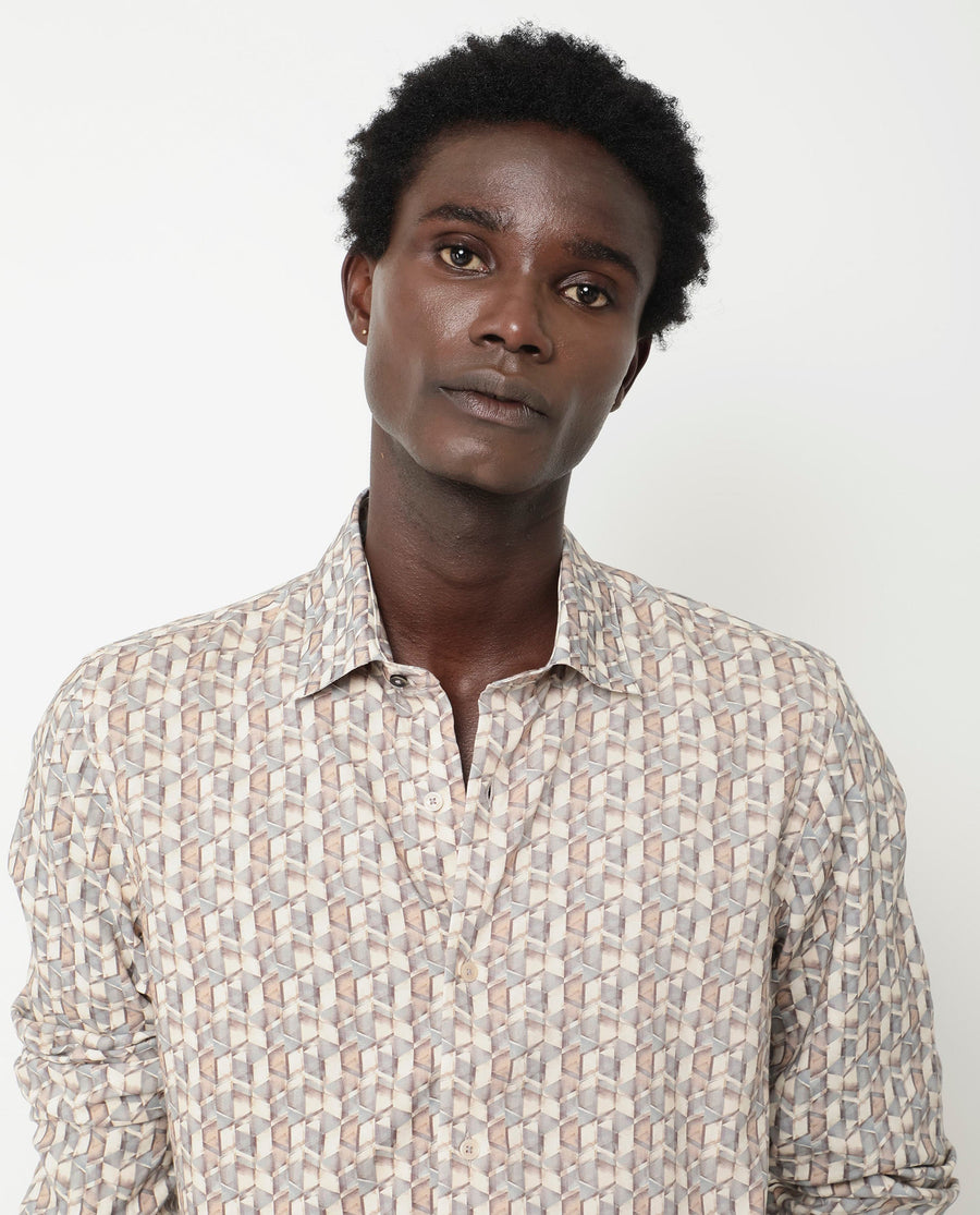 Rare Rabbit Men's Denberg Ls Beige Viscose Geometric Print Regular Fit Full Sleeve Collared Shirt