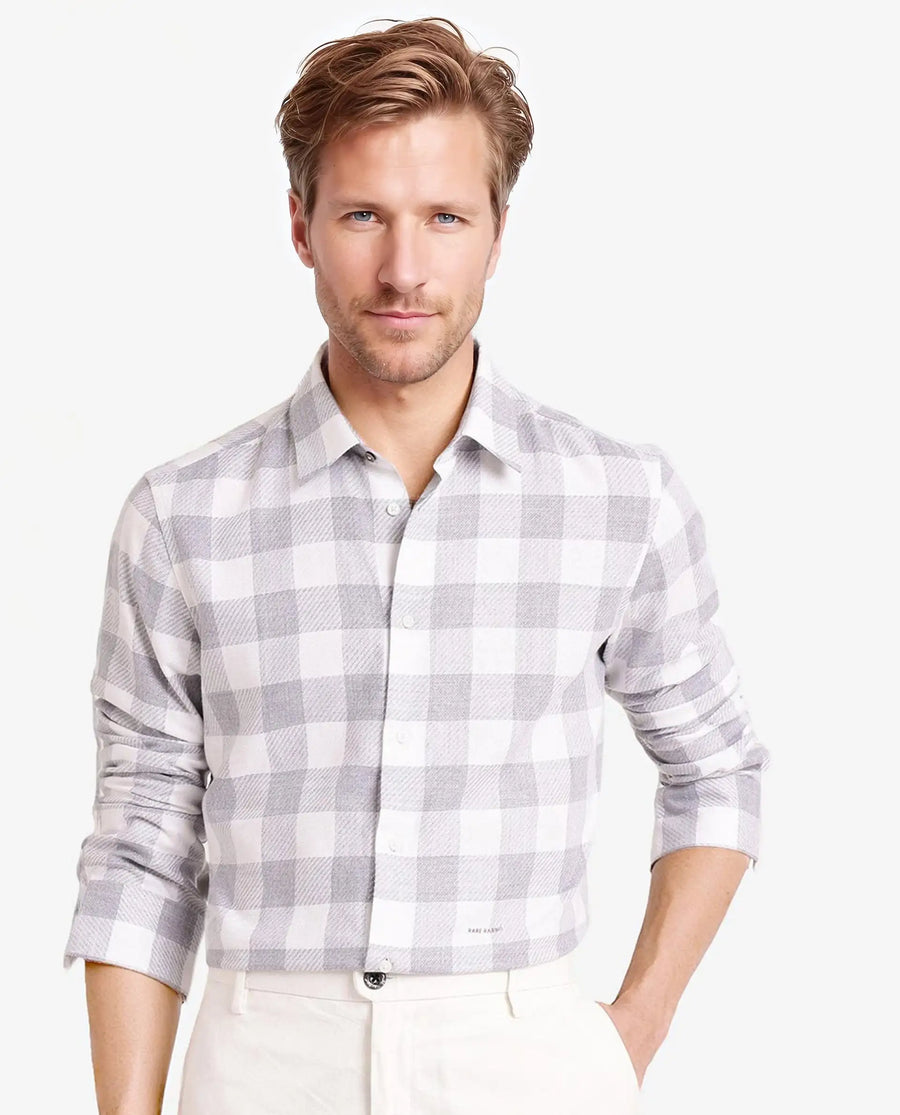 Rare Rabbit Men's Denmark Light Grey Cotton Blend Checked Print Regular Fit Full Sleeve Collared Shirt