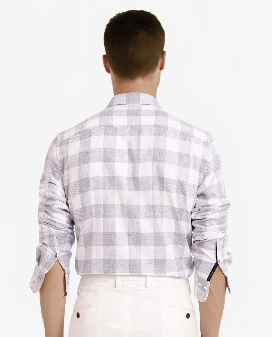 Rare Rabbit Men's Denmark Light Grey Cotton Blend Checked Print Regular Fit Full Sleeve Collared Shirt