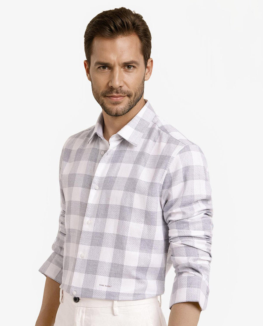 Rare Rabbit Men's Denmark Light Grey Cotton Blend Checked Print Regular Fit Full Sleeve Collared Shirt