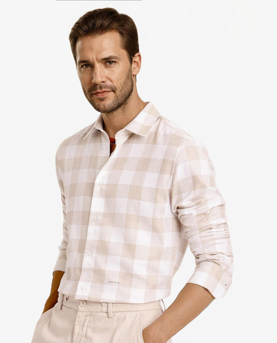 Rare Rabbit Men's Denmark Light Olive Cotton Blend Checked Print Regular Fit Full Sleeve Collared Shirt