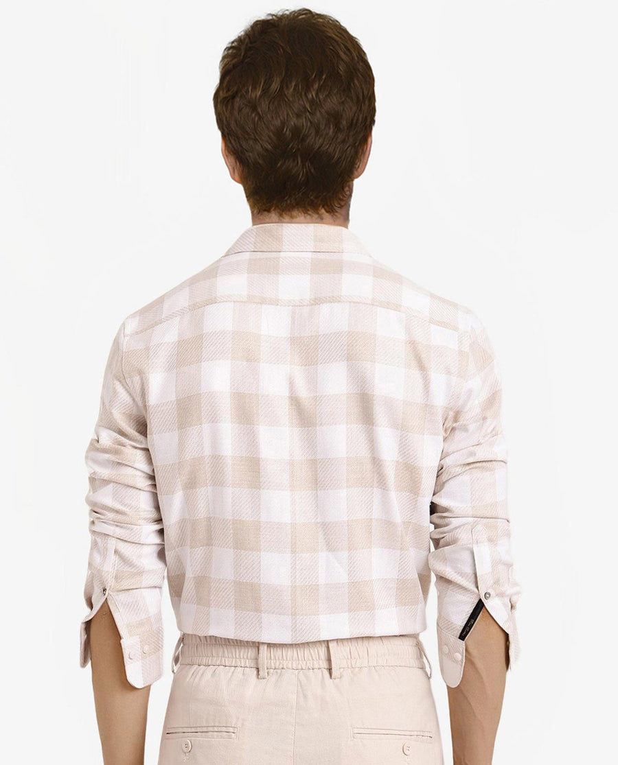 Rare Rabbit Men's Denmark Light Olive Cotton Blend Checked Print Regular Fit Full Sleeve Collared Shirt