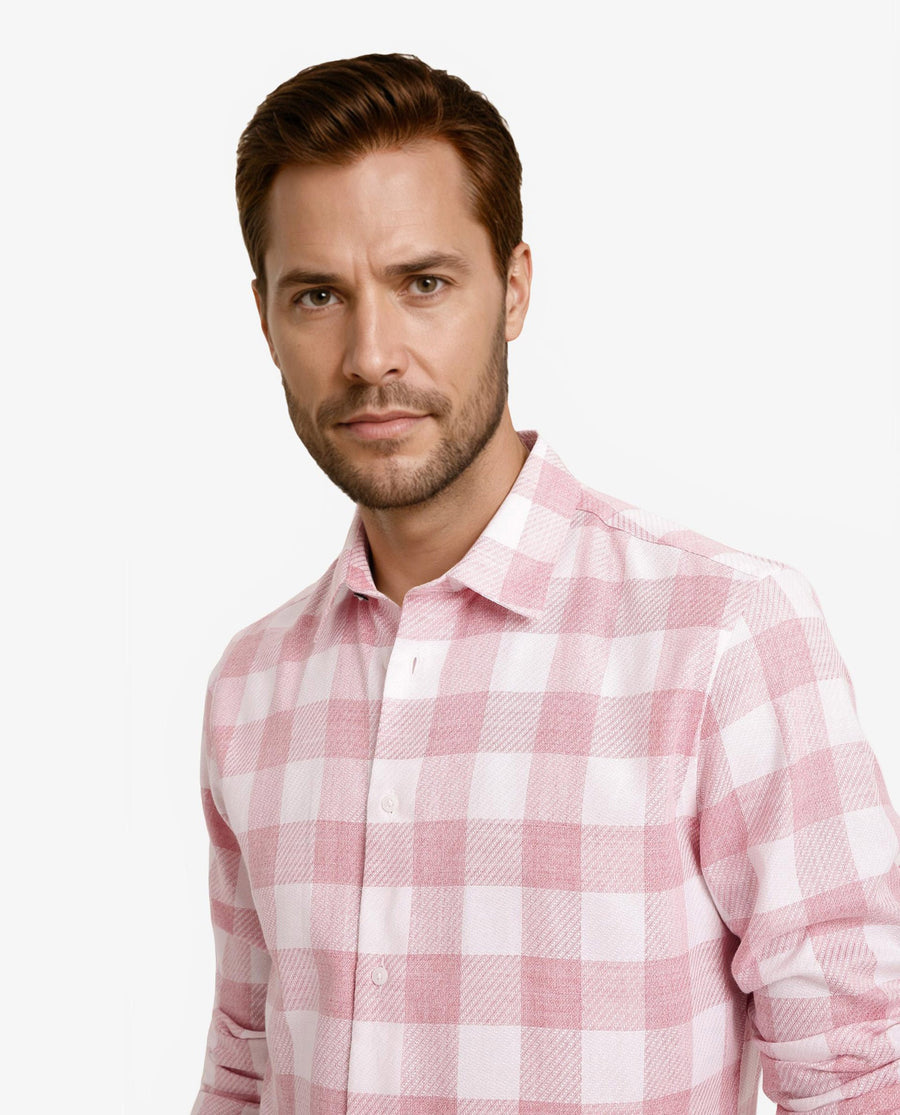 Rare Rabbit Men's Denmark Light Pink Cotton Blend Checked Print Regular Fit Full Sleeve Collared Shirt