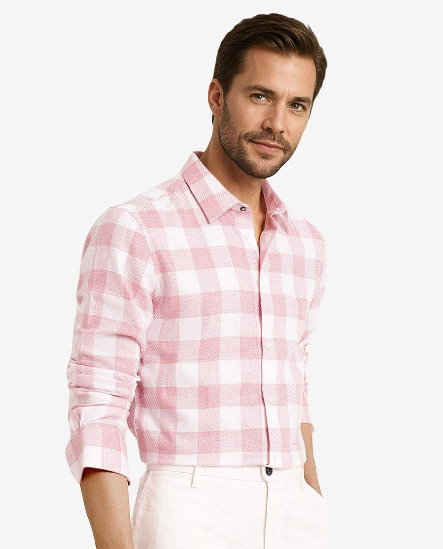 Rare Rabbit Men's Denmark Light Pink Cotton Blend Checked Print Regular Fit Full Sleeve Collared Shirt