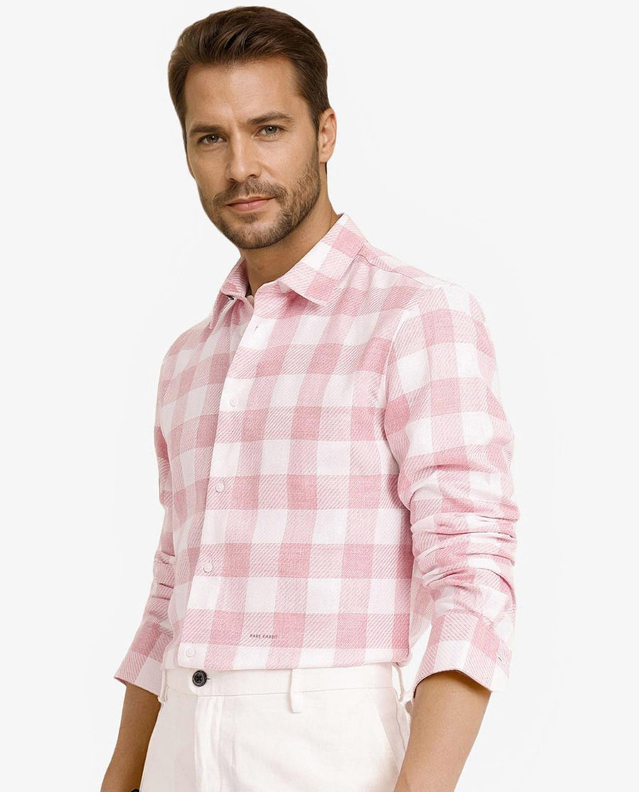 Rare Rabbit Men's Denmark Light Pink Cotton Blend Checked Print Regular Fit Full Sleeve Collared Shirt