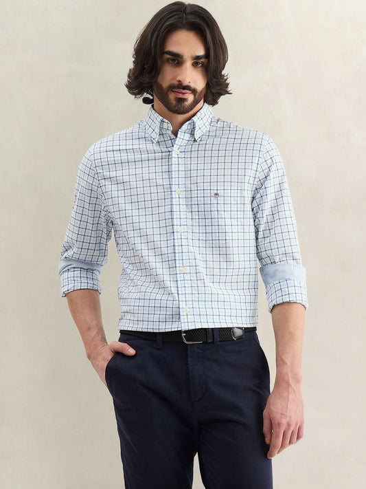 Gant Men Blue Checked Regular Fit Classic Poplin Shirt