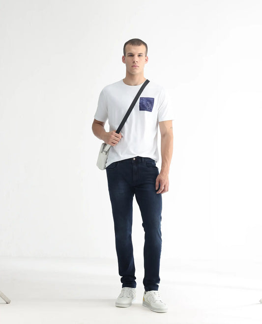 Rare Rabbit Men's Diep Flouroscent Blue Cotton Plain Hawk Slim Fit Jeans