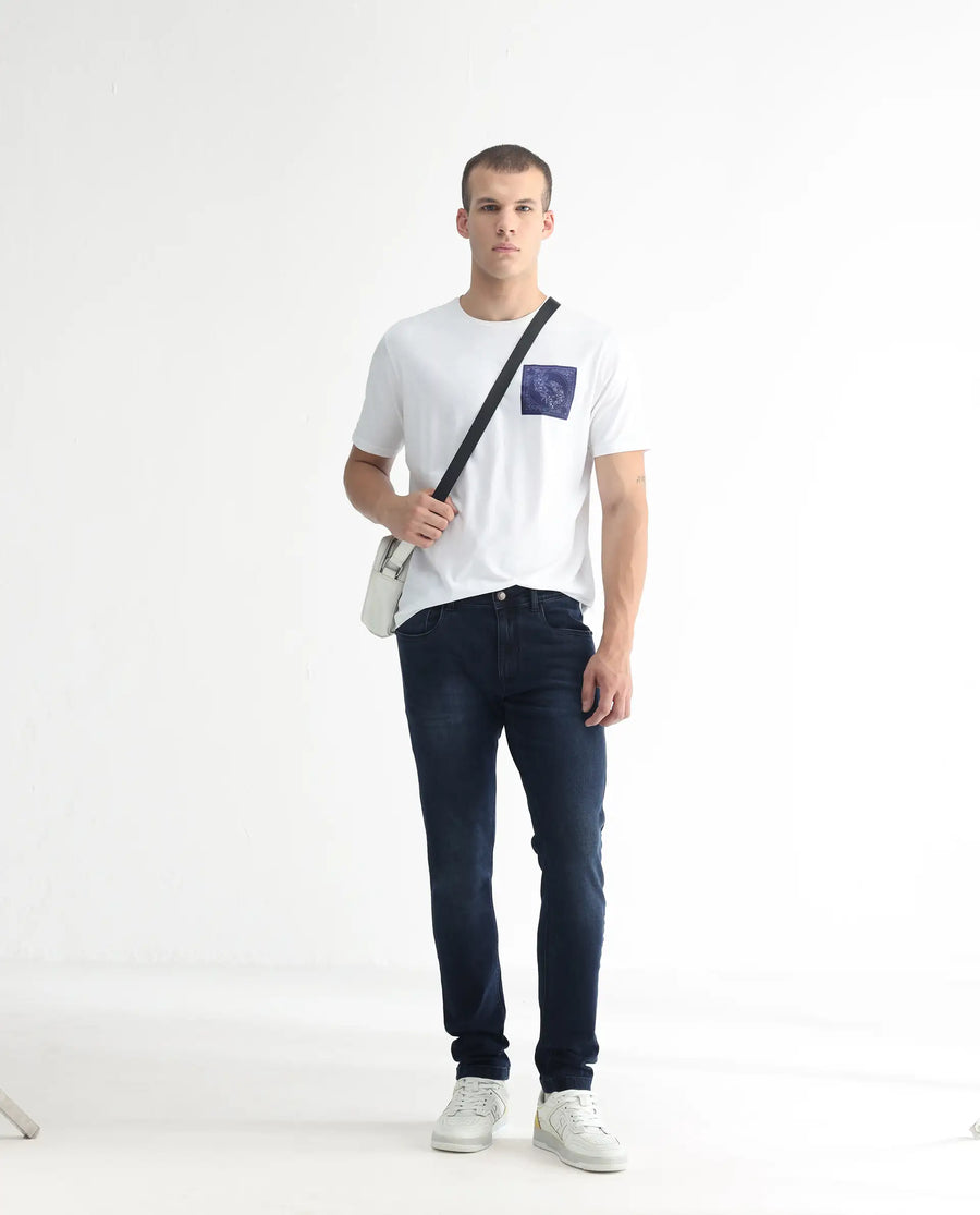 Rare Rabbit Men's Diep Flouroscent Blue Cotton Plain Hawk Slim Fit Jeans