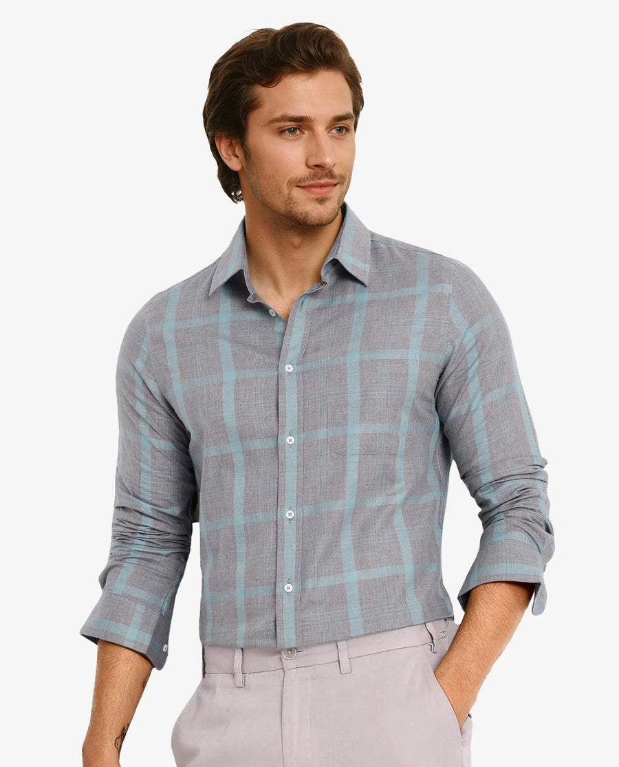 Rare Rabbit Men's Dofy Grey Cotton Checked Print Regular Fit Full Sleeve Collared Shirt