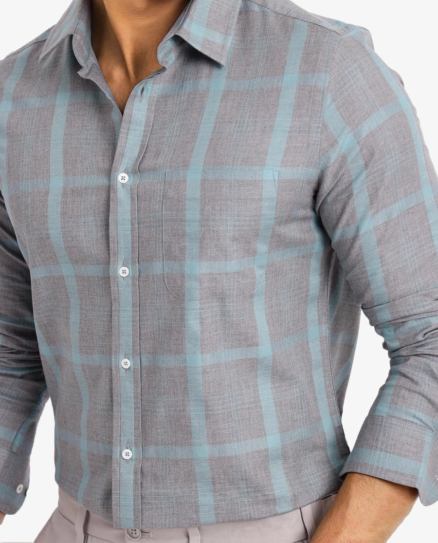 Rare Rabbit Men's Dofy Grey Cotton Checked Print Regular Fit Full Sleeve Collared Shirt