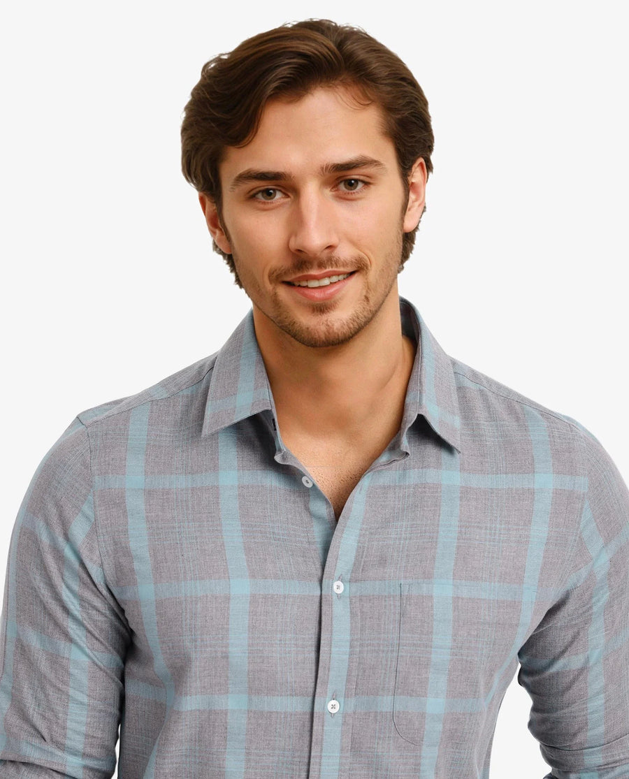 Rare Rabbit Men's Dofy Grey Cotton Checked Print Regular Fit Full Sleeve Collared Shirt