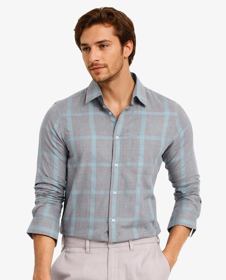 Rare Rabbit Men's Dofy Grey Cotton Checked Print Regular Fit Full Sleeve Collared Shirt