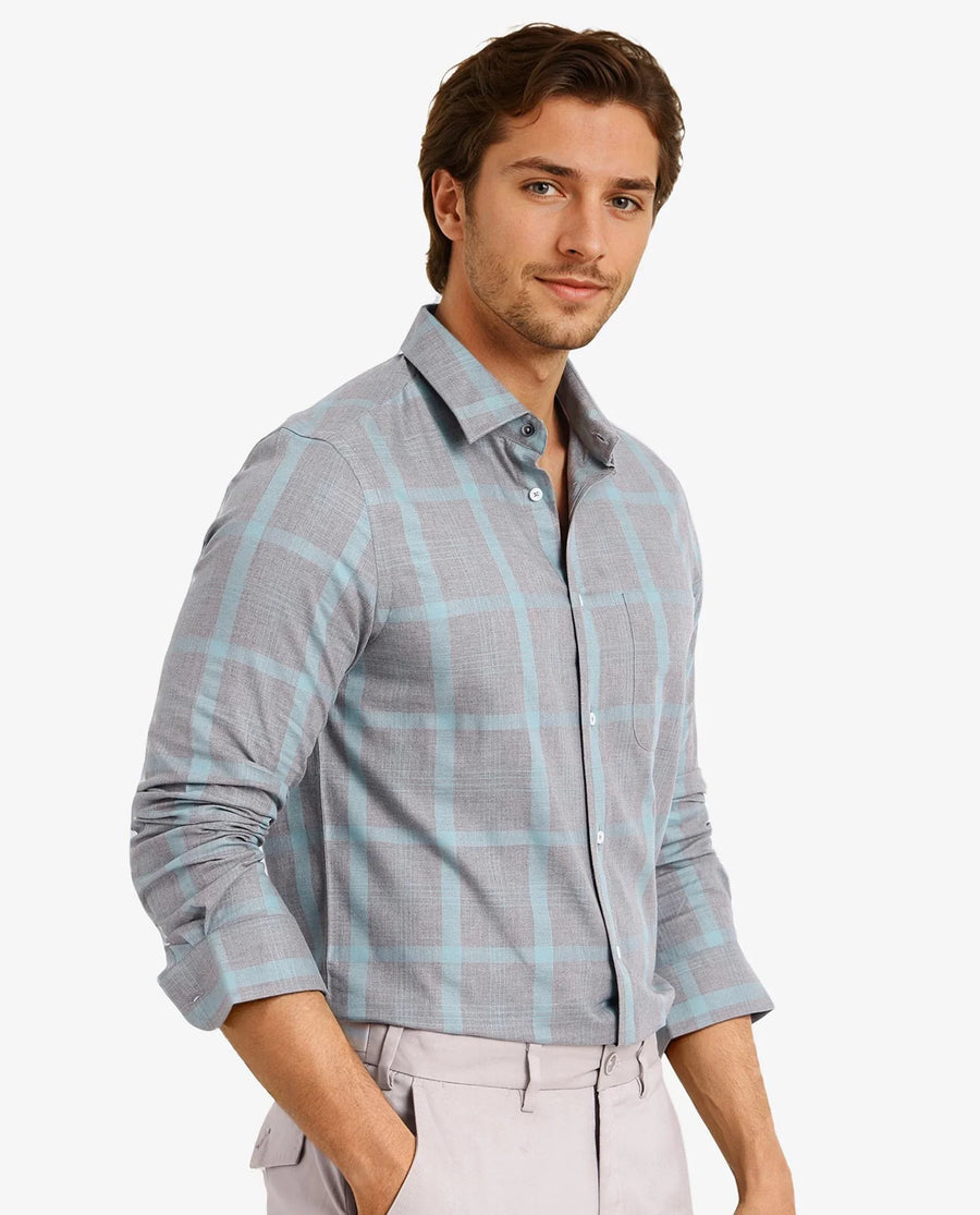 Rare Rabbit Men's Dofy Grey Cotton Checked Print Regular Fit Full Sleeve Collared Shirt