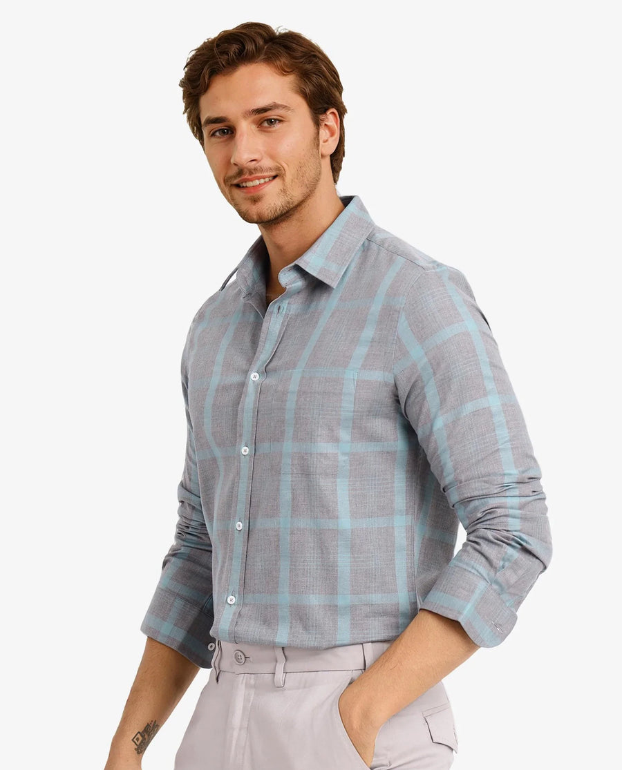 Rare Rabbit Men's Dofy Grey Cotton Checked Print Regular Fit Full Sleeve Collared Shirt