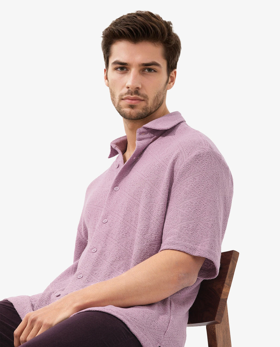 Rare Rabbit Men's Domat Dusky Purple Cotton Jacquard Boxy Fit Half Sleeve Collared Shirt