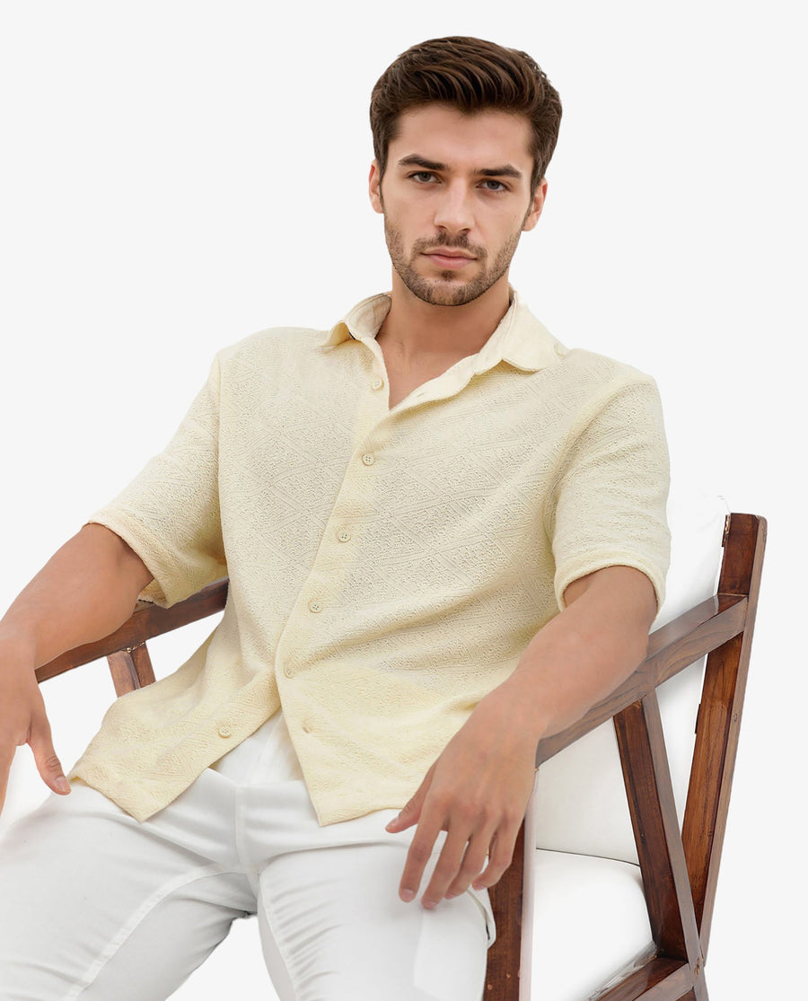 Rare Rabbit Men's Domat Light Yellow Cotton Jacquard Boxy Fit Half Sleeve Collared Shirt