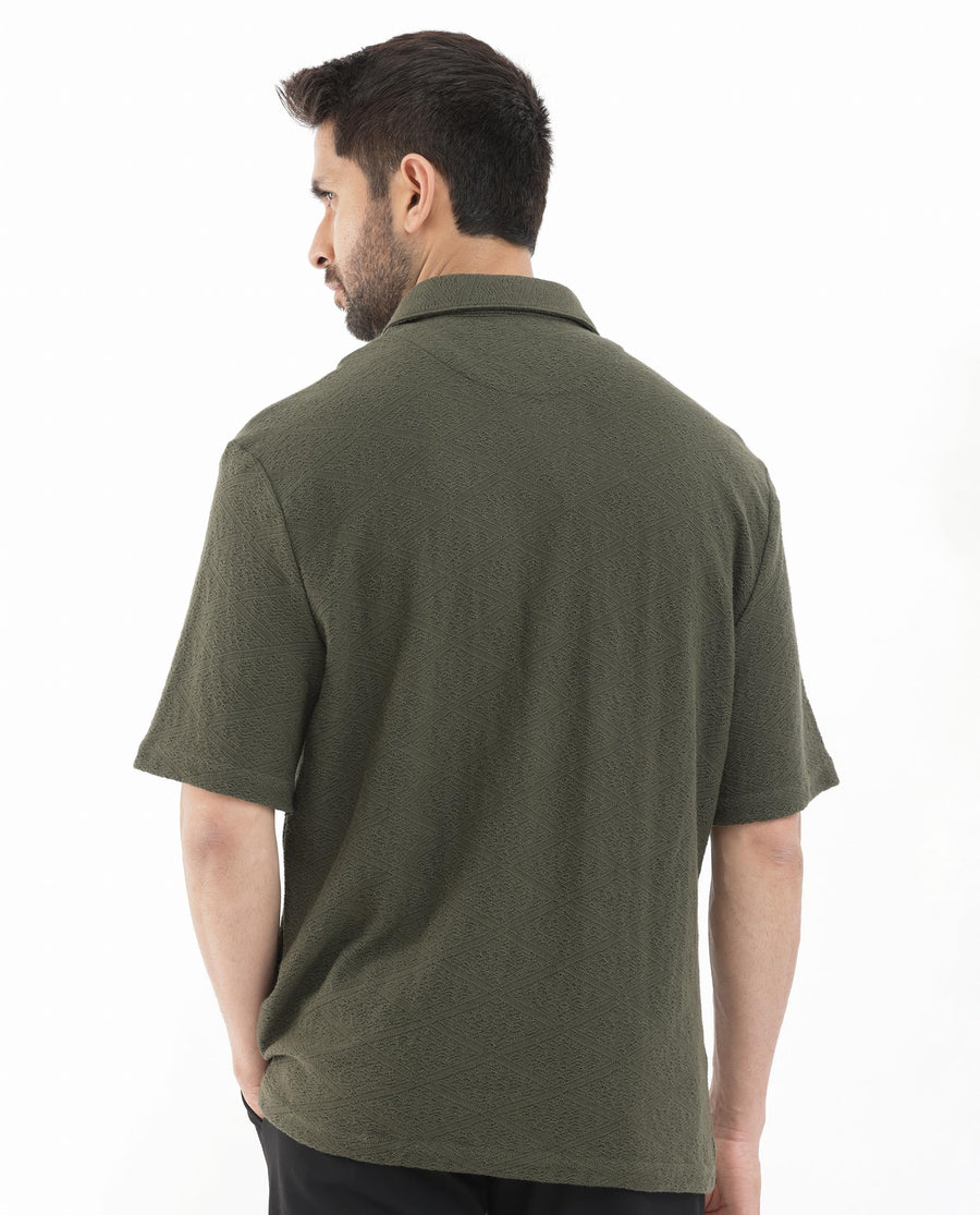 Rare Rabbit Men's Domat Olive Cotton Jacquard Boxy Fit Half Sleeve Collared Shirt