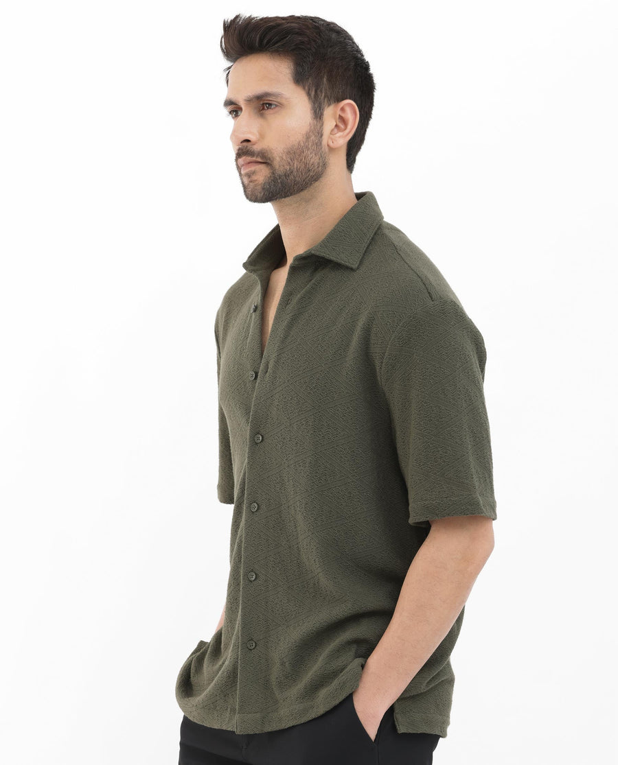 Rare Rabbit Men's Domat Olive Cotton Jacquard Boxy Fit Half Sleeve Collared Shirt