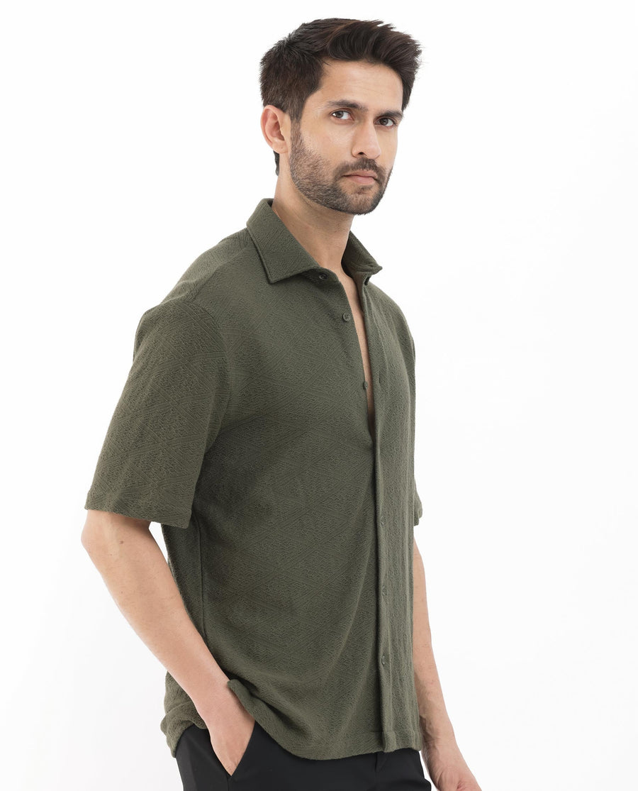 Rare Rabbit Men's Domat Olive Cotton Jacquard Boxy Fit Half Sleeve Collared Shirt