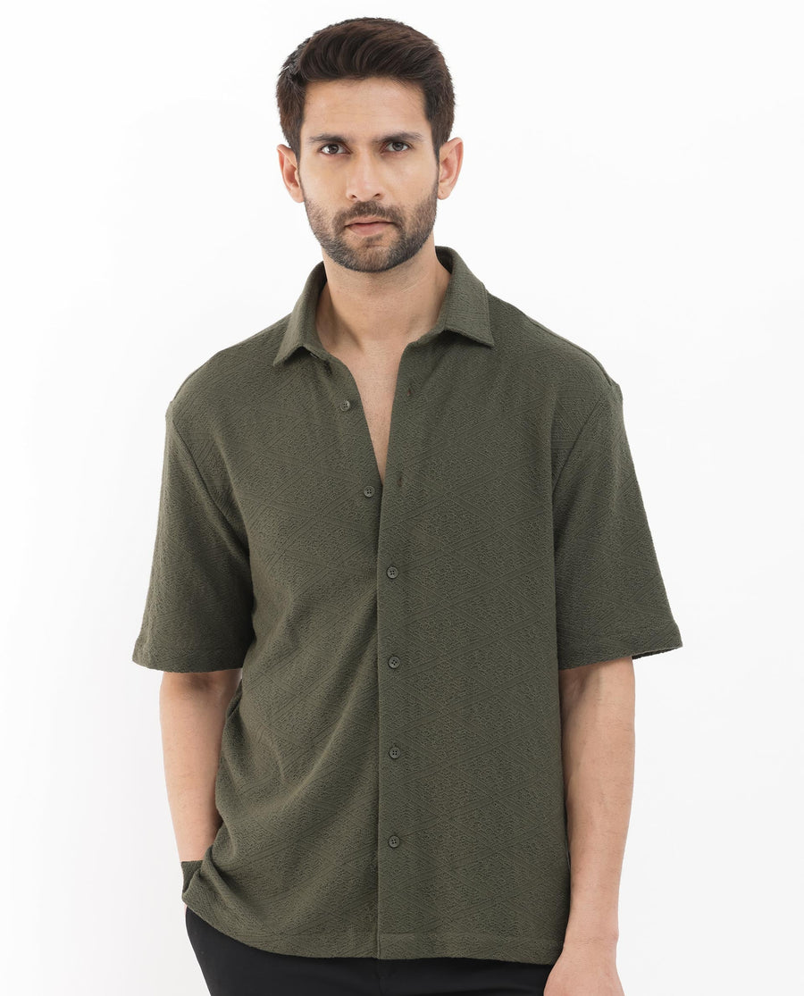 Rare Rabbit Men's Domat Olive Cotton Jacquard Boxy Fit Half Sleeve Collared Shirt