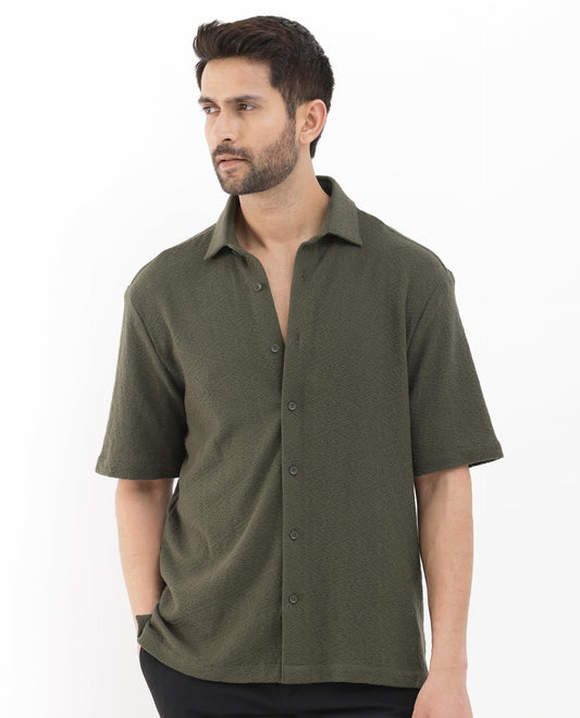 Rare Rabbit Men's Domat Olive Cotton Jacquard Boxy Fit Half Sleeve Collared Shirt