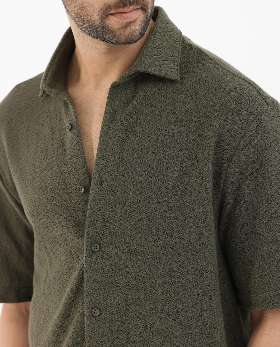Rare Rabbit Men's Domat Olive Cotton Jacquard Boxy Fit Half Sleeve Collared Shirt