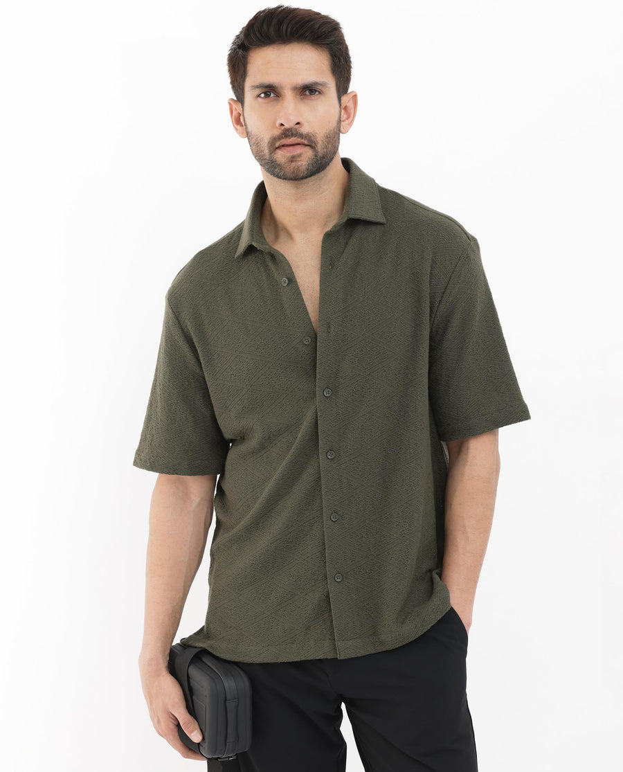 Rare Rabbit Men's Domat Olive Cotton Jacquard Boxy Fit Half Sleeve Collared Shirt