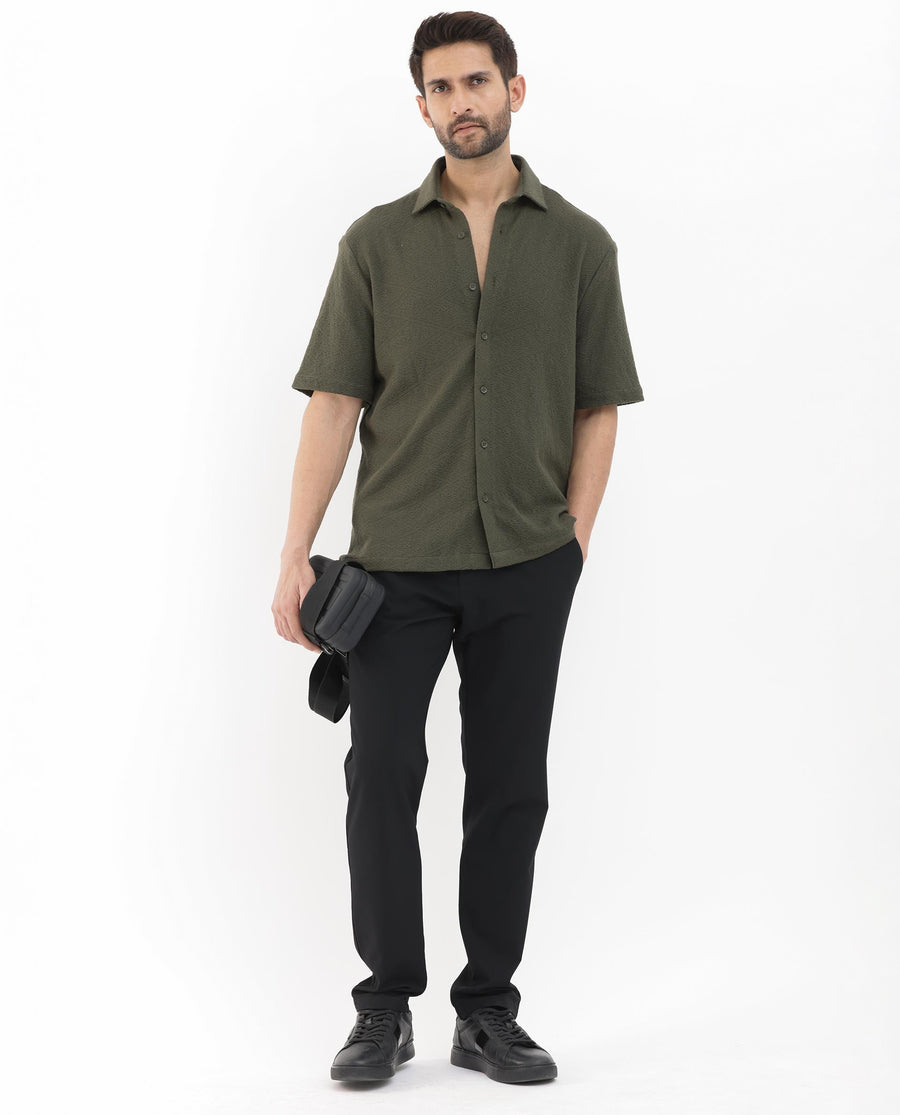 Rare Rabbit Men's Domat Olive Cotton Jacquard Boxy Fit Half Sleeve Collared Shirt