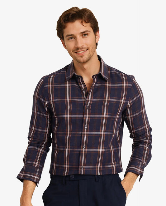 Rare Rabbit Men's Dor Navy Cotton Checked Print Regular Fit Full Sleeve Collared Shirt