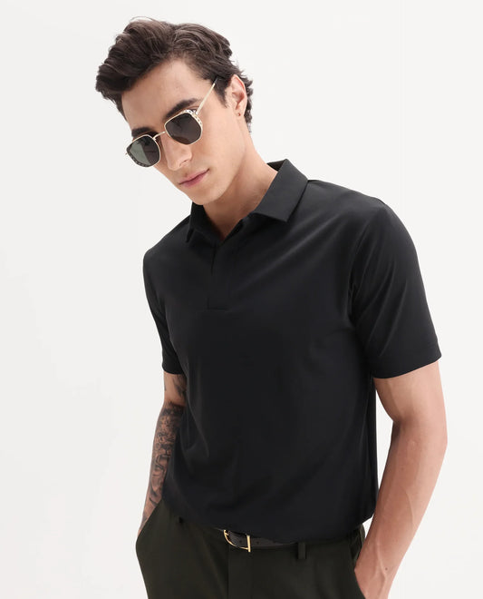 Rare Rabbit Men's Dort Black Nylon Blend Fabric Half Sleeve Spread Collar Plain Polo
