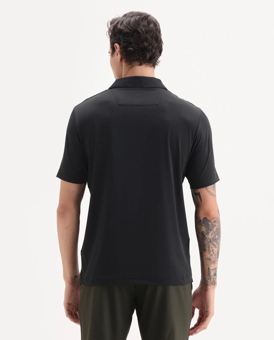 Rare Rabbit Men's Dort Black Nylon Blend Fabric Half Sleeve Spread Collar Plain Polo
