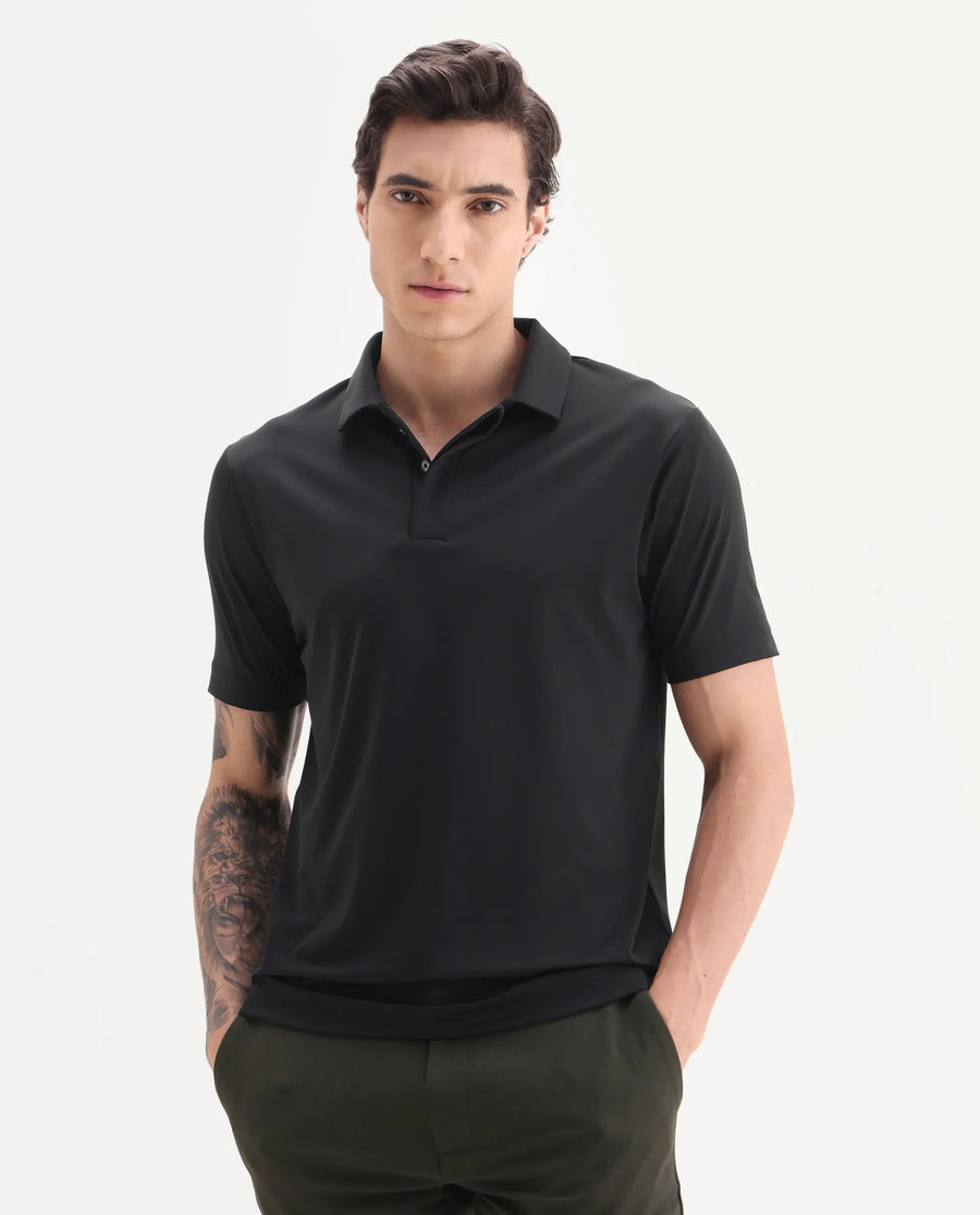 Rare Rabbit Men's Dort Black Nylon Blend Fabric Half Sleeve Spread Collar Plain Polo