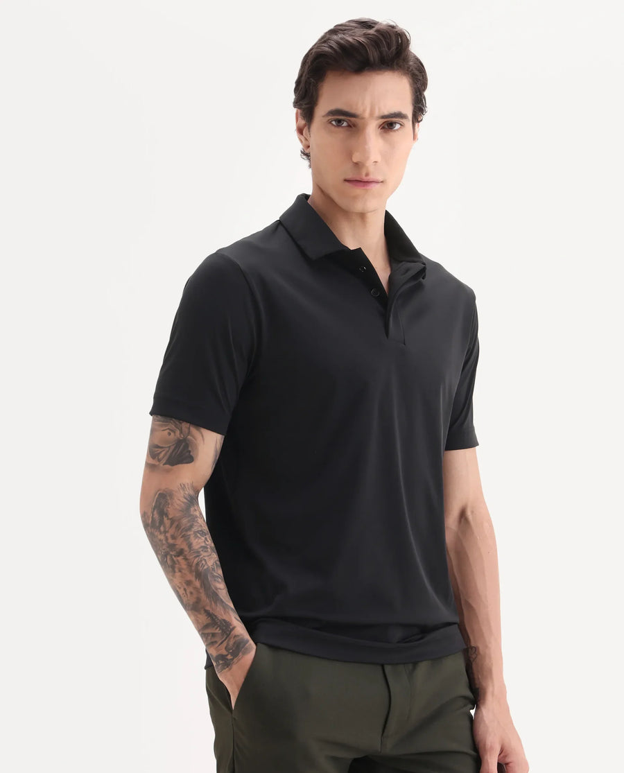 Rare Rabbit Men's Dort Black Nylon Blend Fabric Half Sleeve Spread Collar Plain Polo