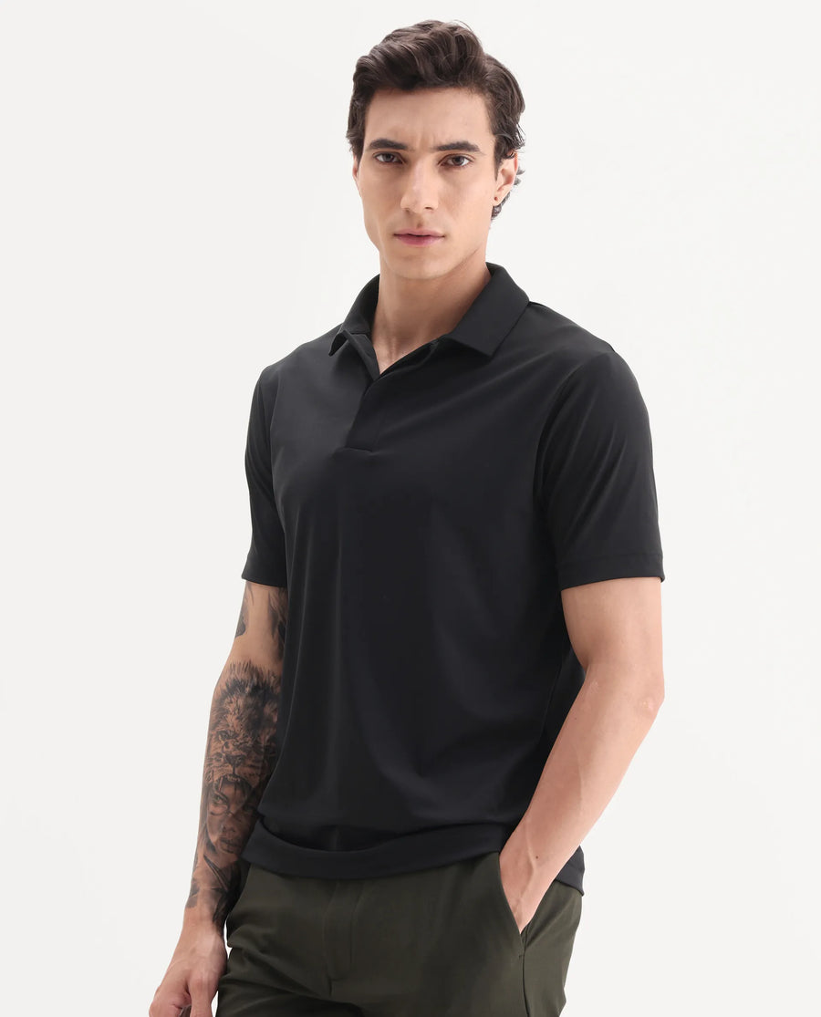 Rare Rabbit Men's Dort Black Nylon Blend Fabric Half Sleeve Spread Collar Plain Polo