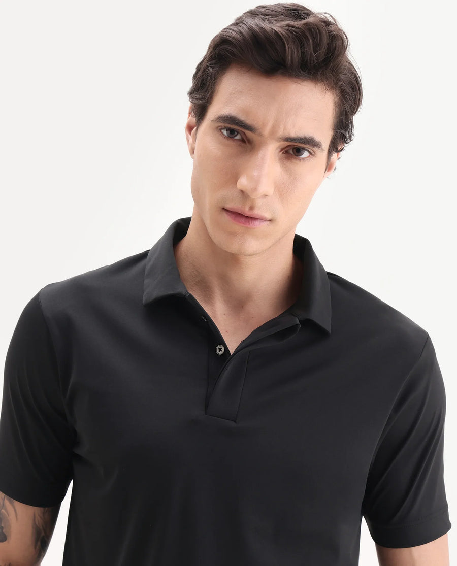 Rare Rabbit Men's Dort Black Nylon Blend Fabric Half Sleeve Spread Collar Plain Polo