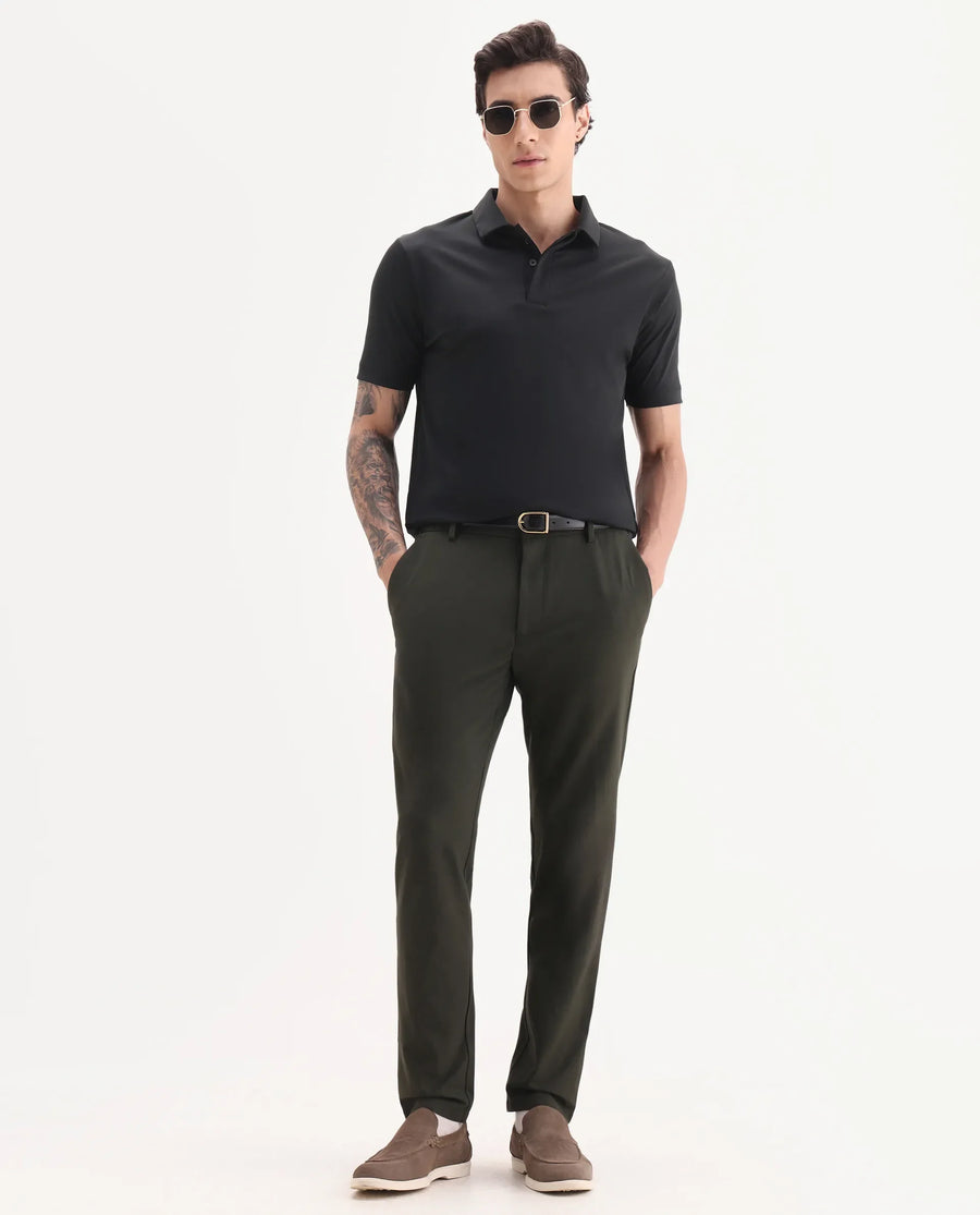 Rare Rabbit Men's Dort Black Nylon Blend Fabric Half Sleeve Spread Collar Plain Polo