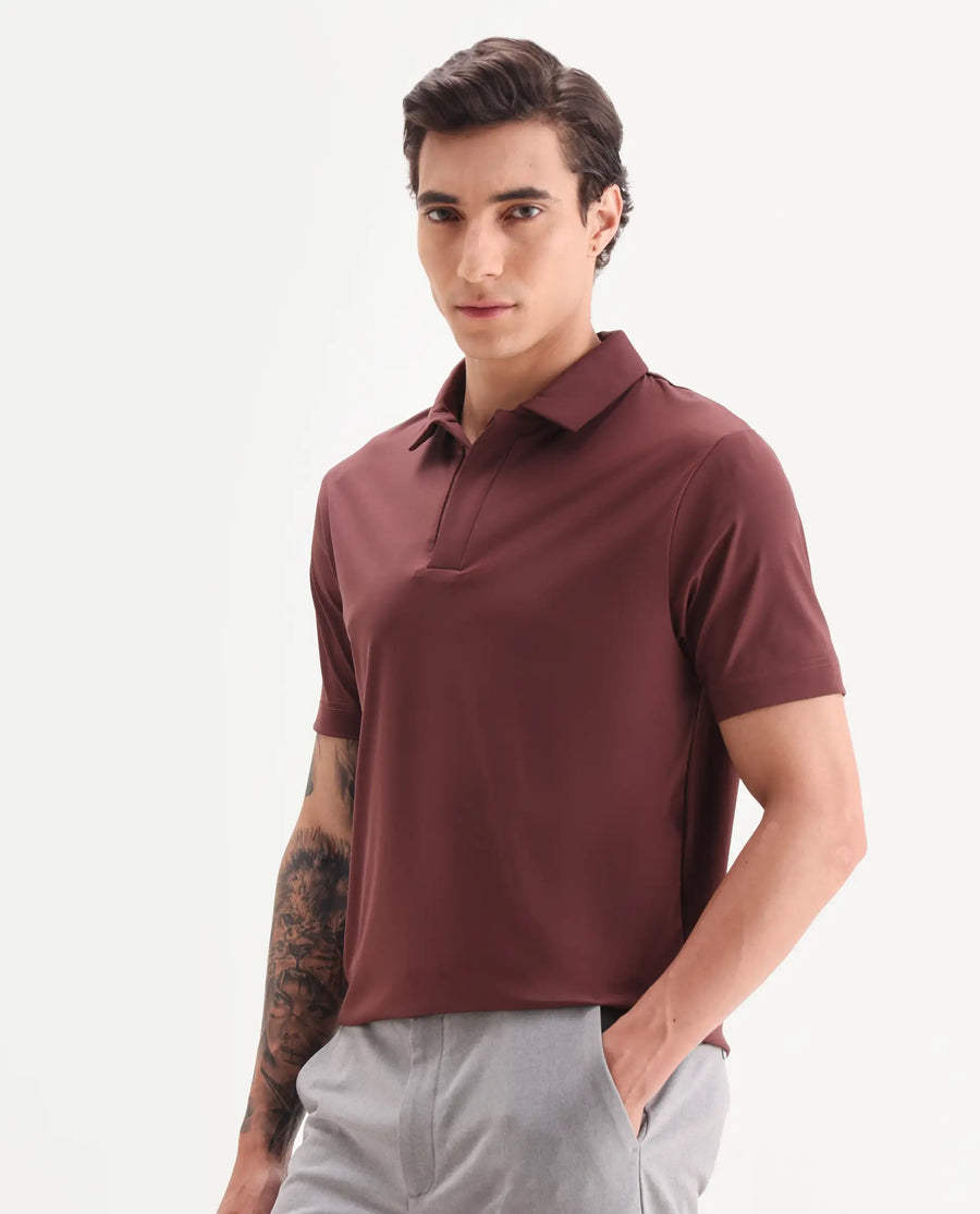 Rare Rabbit Men's Dort Dark Brown Nylon Blend Fabric Half Sleeve Spread Collar Plain Polo